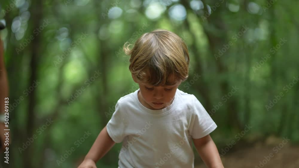 Small boy hiking going up hill outside in nature child stepping on rocks losing equilibrium Small boy hiking going up hill outside in nature child stepping on rocks losing equilibrium