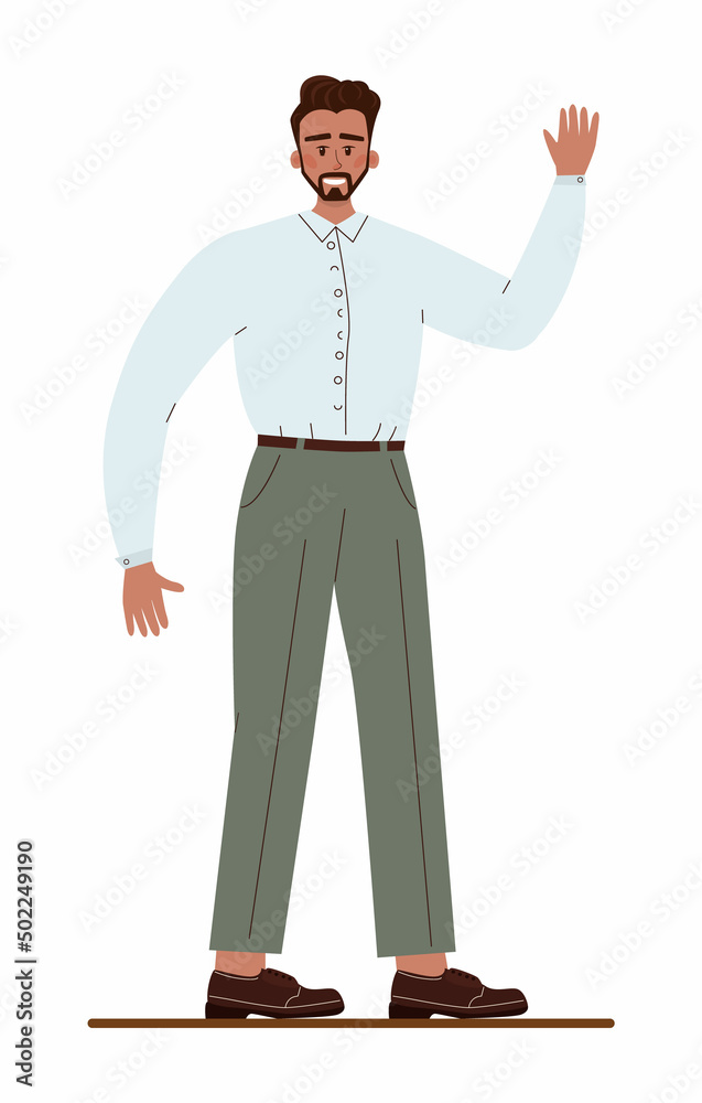 Latino-american businessman with his hand up. Character wearing business