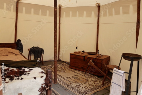 The inside of a medieval warrior's tent. Medieval military camp. photo
