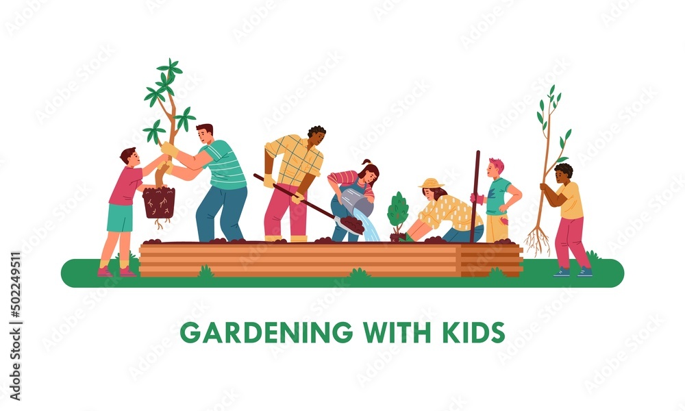 Gardening with kids horizontal vector banner. Multiracial children and adults planting trees, watering, digging, bringing seedlings. Gardening with kids horizontal vector banner. Multiracial children and adults planting trees, watering, digging, bringing seedlings.
