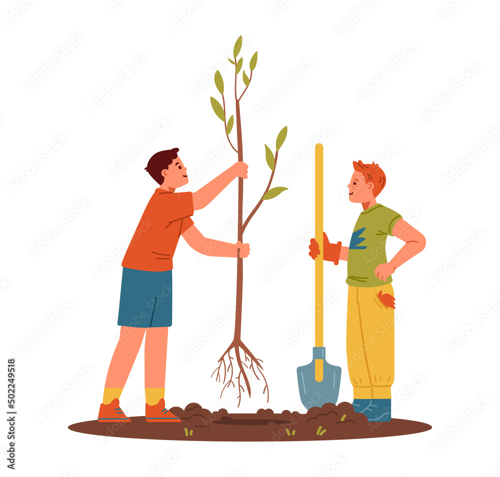 Two boys planting tree flat vector illustration isolated on white. Two boys planting tree flat vector illustration isolated on white.