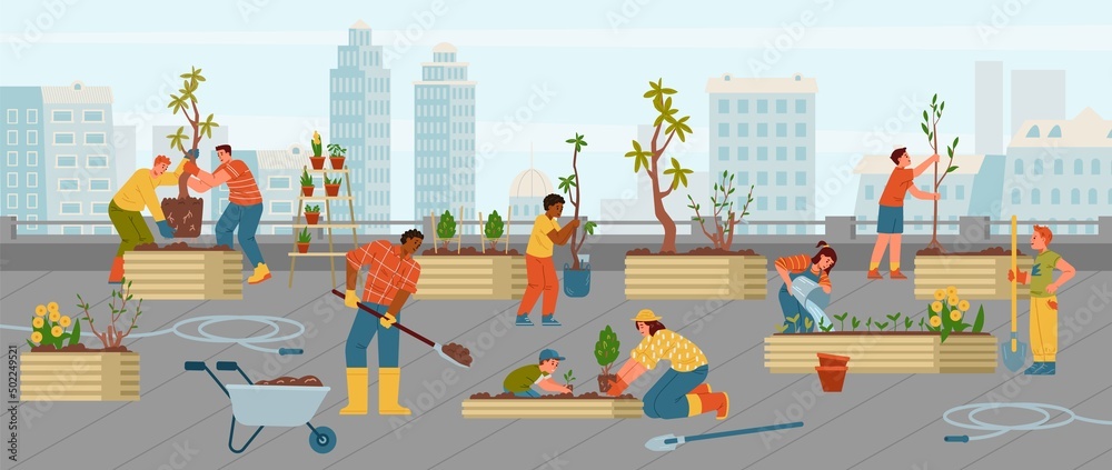 Adults and children gardening together on the rooftop vector illustration. Urban community garden.