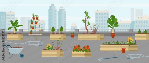 Rooftop garden with flowers and trees and gardening equipment vector illustration. Empty city garden on the roof with cityscape at the background.