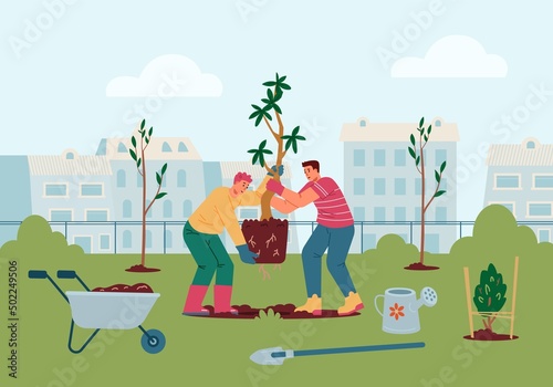 Two men carrying big tree for planting flat vector illustration. Adults planting trees in the city park.
