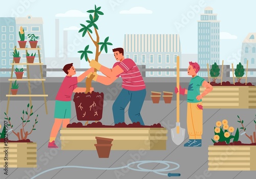 Father and sons gardening in the rooftop garden vector illustration. Man and two boys planting tree.