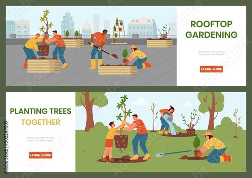 Gardening in the city and in the coutryside vector banners. Adults and children planting trees, digging and watering on the rooftop and outdoors.