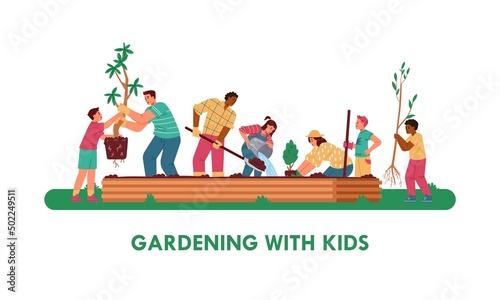 Gardening with kids horizontal vector banner. Multiracial children and adults planting trees, watering, digging, bringing seedlings.