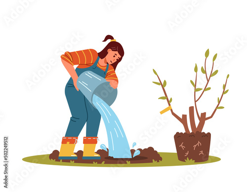 Girl watering soil from the bucket before planting tree seedling vector illustration. Girl in overall and rubber boots gardening outdoors.