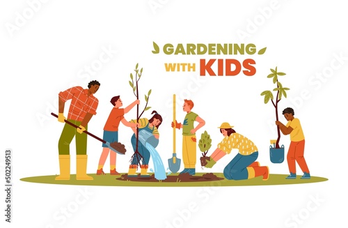 Gardening with kids horizontal vector banner. Multiracial children and adults planting trees, watering, digging, bringing seedlings.