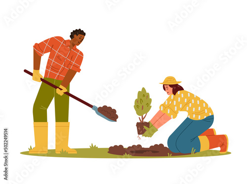 Man and woman planting tree flat vector illustration isolated on white. African american man with shovel and woman holding tree seedling. Multiracial couple gardening.