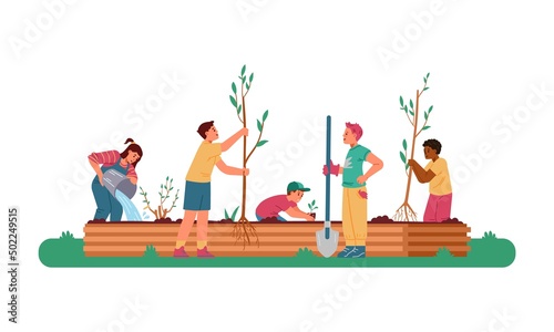 Multiracial children gardening together planting and watering trees flat vector illustration.