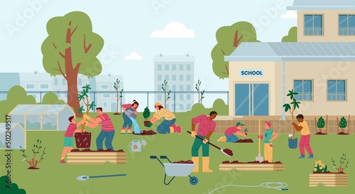 Teachers and children planting trees and bushes in the school backyard flat vector illustration. School garden with people, greenhouses, beds, cart with earth, freshly planted trees and bushes.