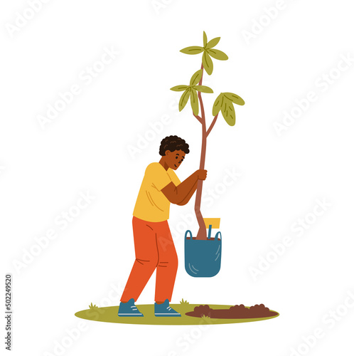 African American boy carrying tree seedling for panting flat vector ilustration isolated on white.