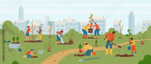 Fototapeta Naklejka Na Ścianę i Meble -  Adults and kids planting trees and bushes in the park vector illustration. Different people carrying trees, digging, watering. Gardening with children outdoors.