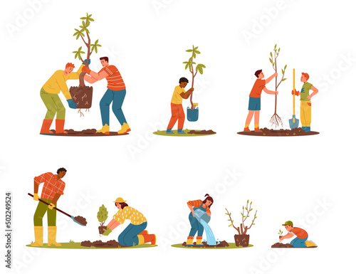 Fotótapéta Adults and kids planting trees and bushes vector illustrations set