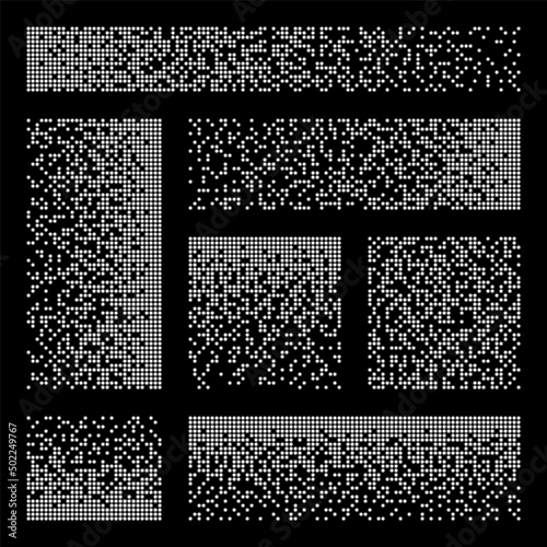 Pixel disintegration, decay effect. Various rectangular elements made of round shapes. Dispersed dotted pattern. Mosaic texture with simple particles. Vector illustration.