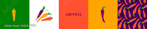 Vitamin A banner with vector carrot pattern seamless. Textured hand-drawn carrots background. Healthy eating concept. Vegetable drawing for vitamin pack label, natural juice packaging. Beta carotene.