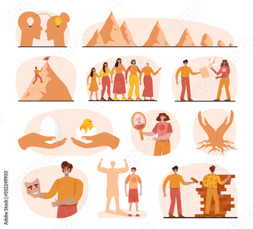 Transforming concept set. Transformation metaphor, changing and evolution