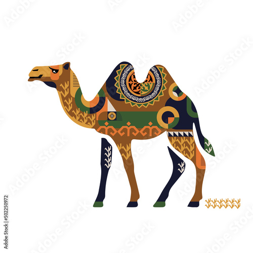 Postcard with a camel made of ornaments. Logo, silhouette, sign.