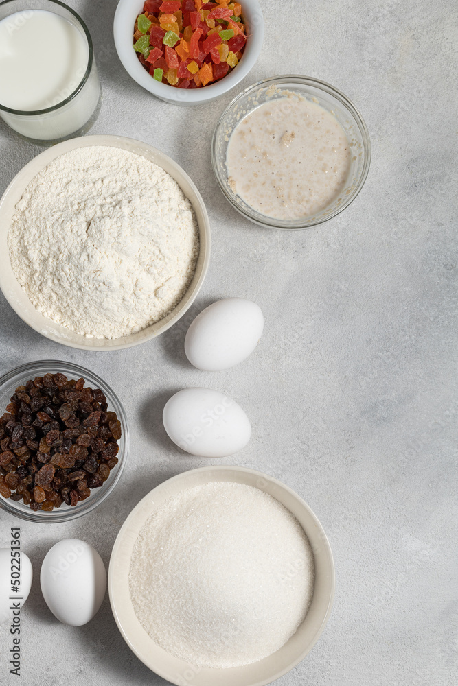Ingredients for cupcake in bowls on a light background Ingredients for cupcake in bowls on a light background