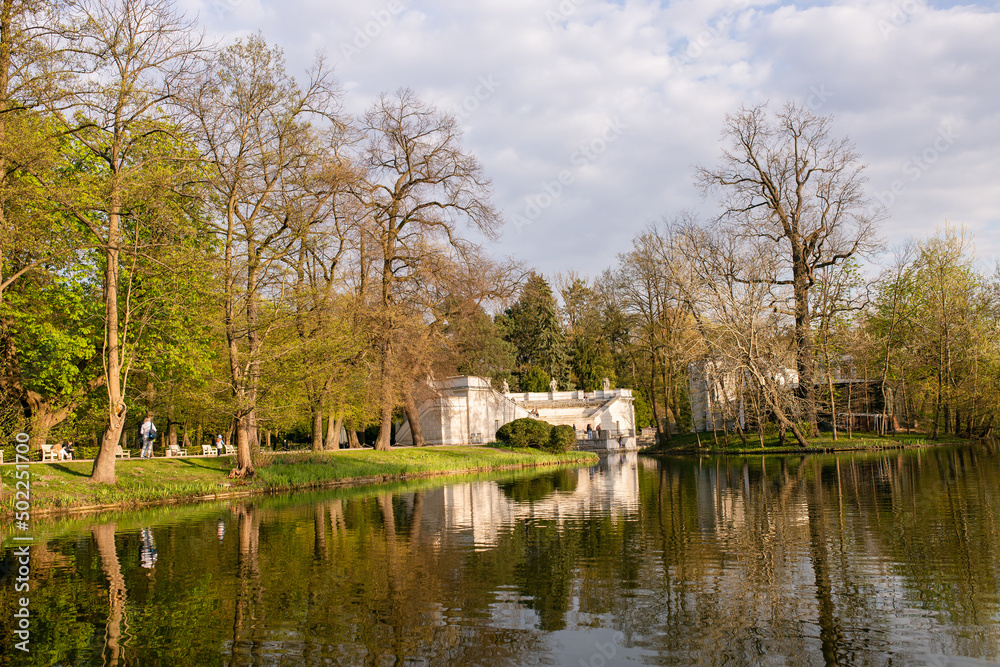 Lazienki or Royal Baths park in Warsaw in Poland. Royal Palace on the Water in Lazienki Park, Warsaw, Palace on the water in the Royal Baths in Warsaw, Poland