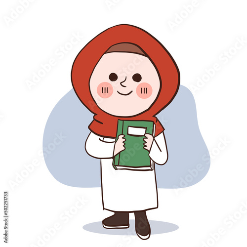 back to school concept.doodle art.A happy little muslim girl holding a book. vector cartoon character