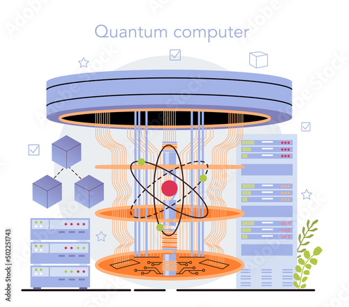 Quantum computer developing. Innovative calculations technology. Engineers