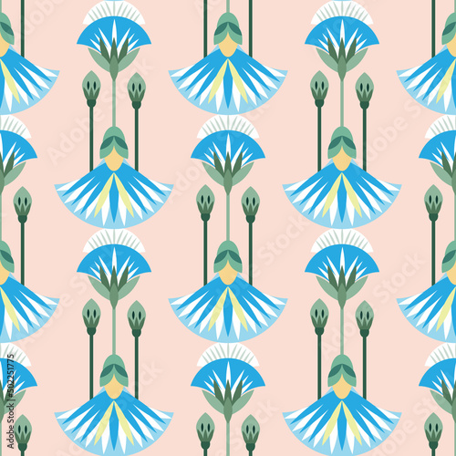 Seamless pattern vector illustration of the Egyptian ancient ornament with a lotus flower, leaves, papyrus, palm tree. Egyptian culture element For wallpaper, wrapping, paper, fabric, background