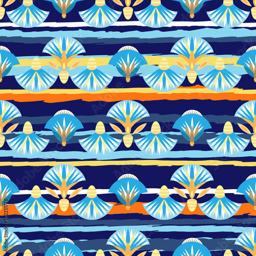 Seamless pattern vector illustration of the Egyptian ancient ornament with a lotus flower, leaves, papyrus, palm tree. Egyptian culture element For wallpaper, wrapping, paper, fabric, background