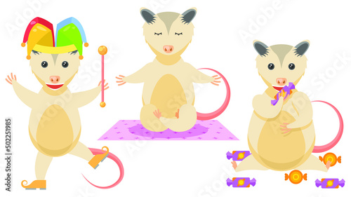 Set Abstract Collection Flat Cartoon Different Animal Opossum Jester In A Hat, Got Fat From Candy, Meditating On The Carpet Vector Design Style Elements Fauna Wildlife