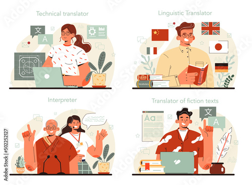 Translator concept set. Linguist translating document, books and speach.