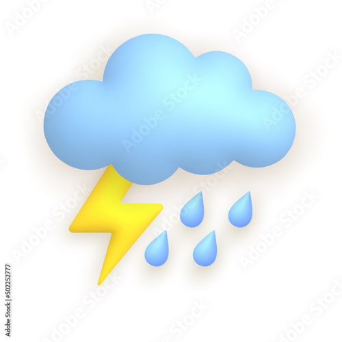 Cloud, lightning, rain. Cute weather realistic icon. 3d cartoon