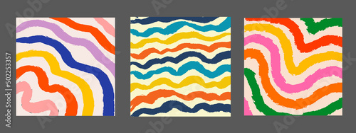 Set Of Cool Hand Drawn Abstract Colorful Brush Stripes Backgrounds. Retro Abstraction Psychedelic Art Backdrops. Groovy Pattern. Colorful Contemporary Art. © t1m0n344
