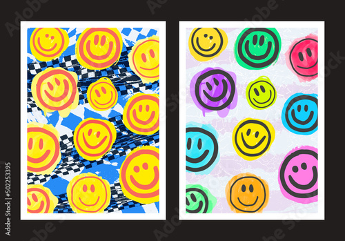 Cool Trendy Smile Y2K Posters. Graffiti Emoji Pattern Vector Illustration.