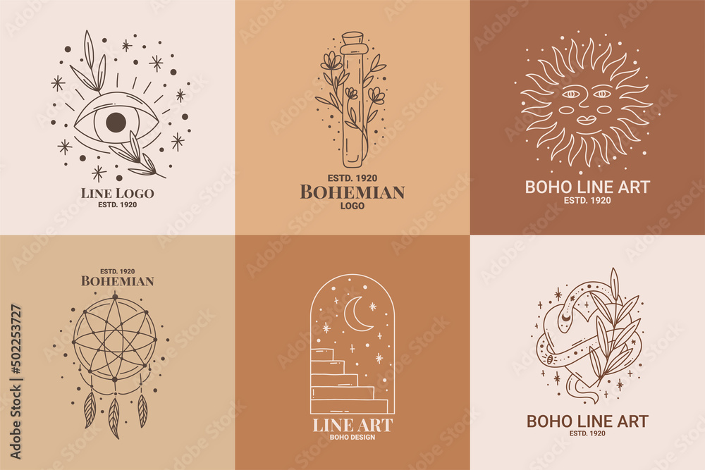 Fototapeta premium Boho mystic doodle esoteric logo set. Magic line art icon with eye, poison, sun, dreamcatcher, arch, stairs, hear, snake