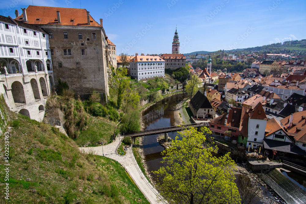 View over a part of the fortress in Cseke Krumlov with the Moldova river