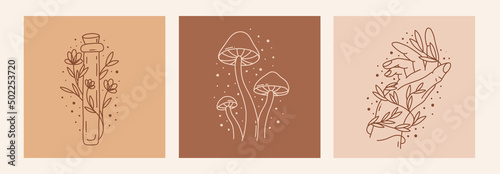 Boho mystic doodle esoteric set. Magic line art poster with moon, hand, flower. Bohemian modern vector illustration