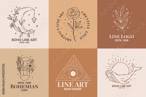 Boho mystic doodle esoteric logo set. Magic line art icon with moon, rose, leaf, diamond, eye, whale