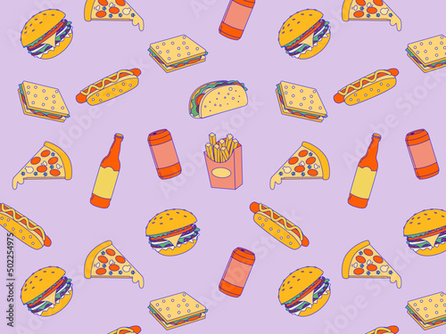 Seamless pattern with fast food, hot dog, taco, cheeseburger, sandwich, pizza and soft drinks. 