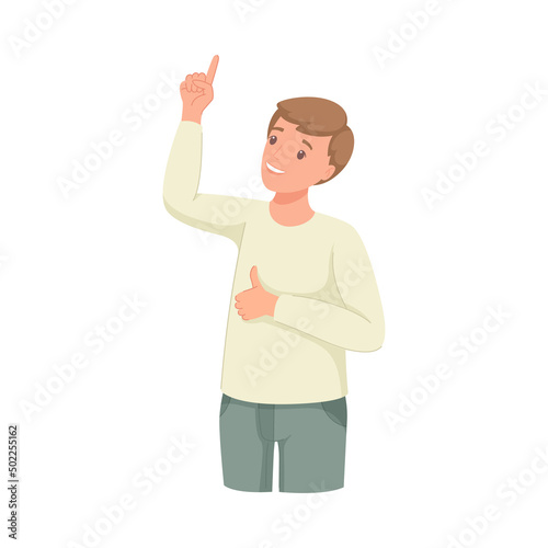 Man Character Indicating Something Pointing with Index Finger as Hand Gesture Specifying Direction Vector Illustration