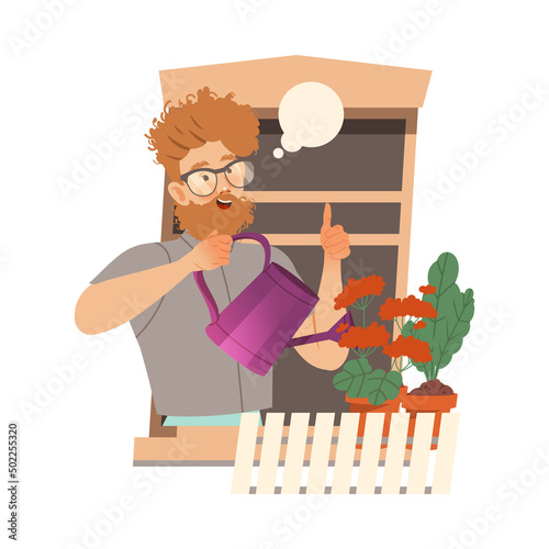 Bearded Man in Open Window Watering Flowers and Showing Thumb Up Vector Illustration