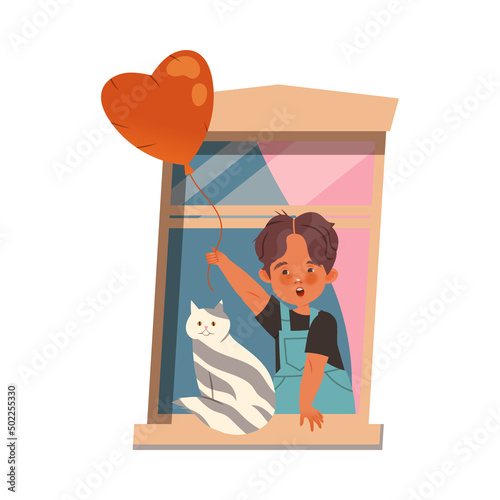 Little Boy in Open Window with Cat and Red Heart Balloon Vector Illustration