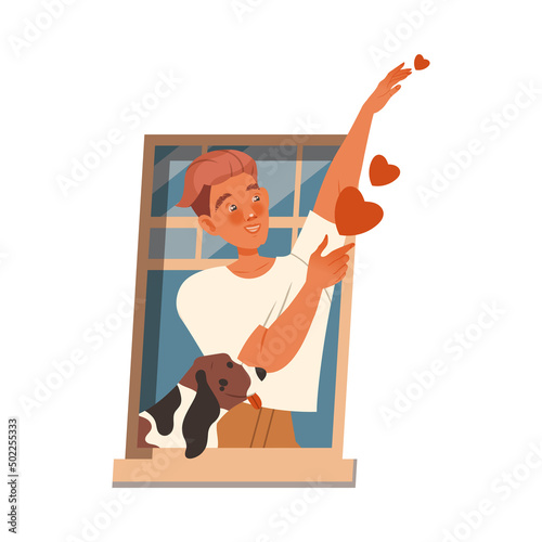 Man with Dog in Open Window Sending Love Heart to Neighbor Vector Illustration