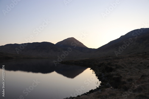 sunset in the mountains reflected in lake 