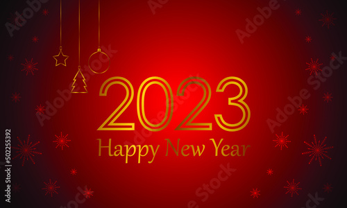 Happy New Year 2023. Festive banner with golden numbers on a red background with snowflakes. Vector illustration