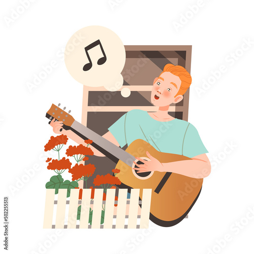 Redhead Man in Open Window Playing Guitar and Singing Vector Illustration