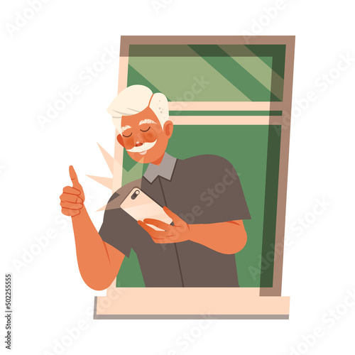 Senior Man in Open Window Taking Selfie with Smartphone Vector Illustration