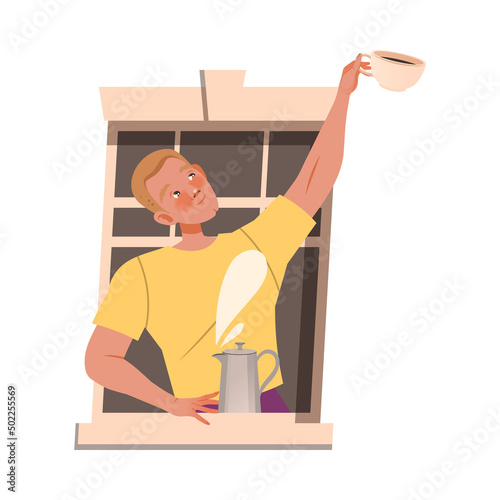 Man in Open Window Stretching Hand with Cup of Coffee to Neighbor Vector Illustration