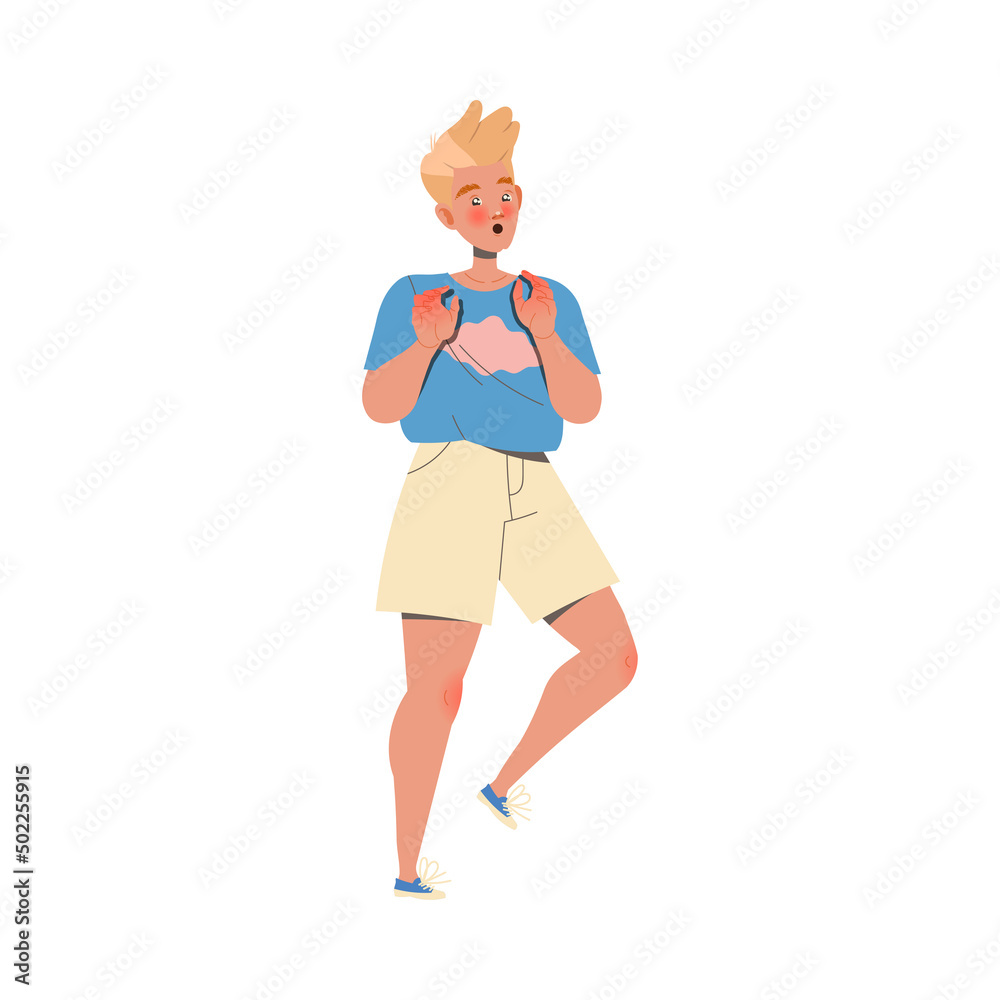 Blond Man Character Dodging with Outstretched Arm Showing Hand Gesture Expressing Emotion with Body Language Vector Illustration Blond Man Character Dodging with Outstretched Arm Showing Hand Gesture Expressing Emotion with Body Language Vector Illustration