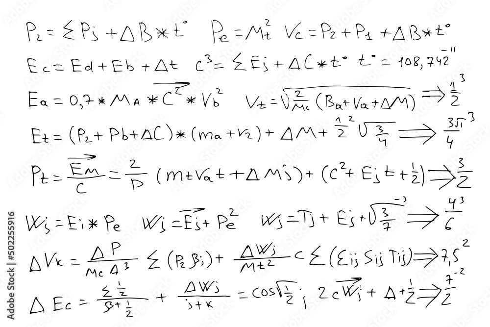 Astrophysical formulas. Scientific, educational background. Hand-drawn on a white background. Vector isolated image.